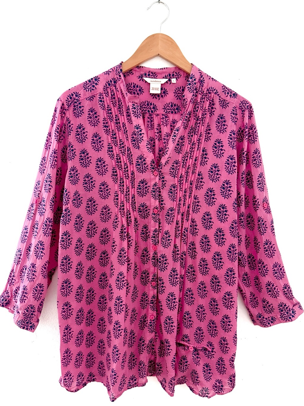 Sundance Cotton Tunic Top Pink Blouse Navy Floral Print Large Roll Tab Sleeves